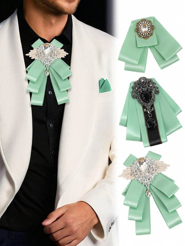 1pc Men's Shiny Elegant Faux Gem & Crystal Butterfly Decor Multilayer Mint Green Bowknot Brooch Pin, Suitable For Wedding, Bride & Bridesmaid Dress, Prom, Banquet, Party