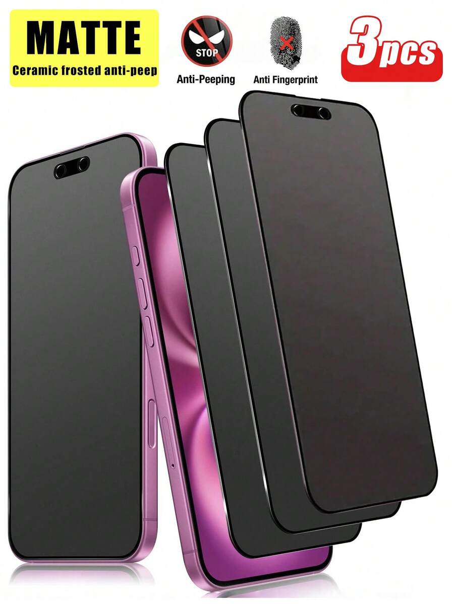 3片裝 霧面防窺螢幕保護貼，相容 iPhone 9H、17/17 Pro/17 Pro Max/17 Air/16 Pro Max/16 E/16 Plus/15 Pro Max/14/13/12/11/XR/X/XS/7/8，防指紋霧面防窺螢幕保護貼 (6.1 吋)，全螢幕覆蓋霧面陶瓷防窺螢幕保護貼