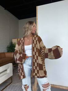 Vivid Style Women's Checkered Knitted Cardigan, Lantern Sleeve Relaxed-Fit Oversized Jacket, Retro Autumn/Winter Sweater