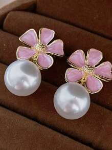 1 paire de boucles d'oreilles vintage en métal avec fleurs et fausses perles, accessoire élégant et à la mode pour femme, idéal au quotidien et lors des festivals.