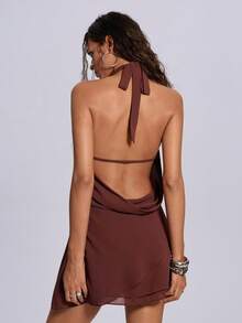 ROMWE Women's Solid Color Plunging Backless Tie Neck Mini Dress, Summer - Coffee - View 3