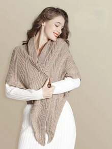 1 件女士保暖针织围巾，带流苏饰边和纽扣，披肩，米色，配饰，女士