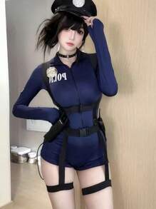 1pcWomen Police Role Play Sexy Lingerie Set - Front Zipper Turtleneck Long Sleeve Jumpsuit + Thigh Garter Belt, Costume(Excluding Hat And Calling Machine)