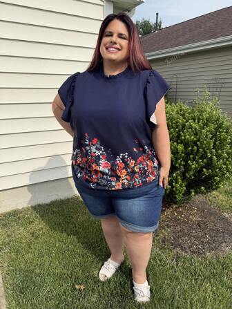 Enliva Blusa negra de talla grande con diseño de volantes en las mangas, de estilo vintage, elegante y versátil, en tela con estampado floral, ideal para uso diario, primavera/verano/otoño
