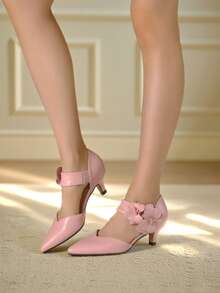 Women's Low Heel Dressy Shoes Elegant Kitten Heels Pointed Toe Floral Heels Comfy Slip On Ankle Strap Party Pumps With Flower  - 粉色 - 查看 2