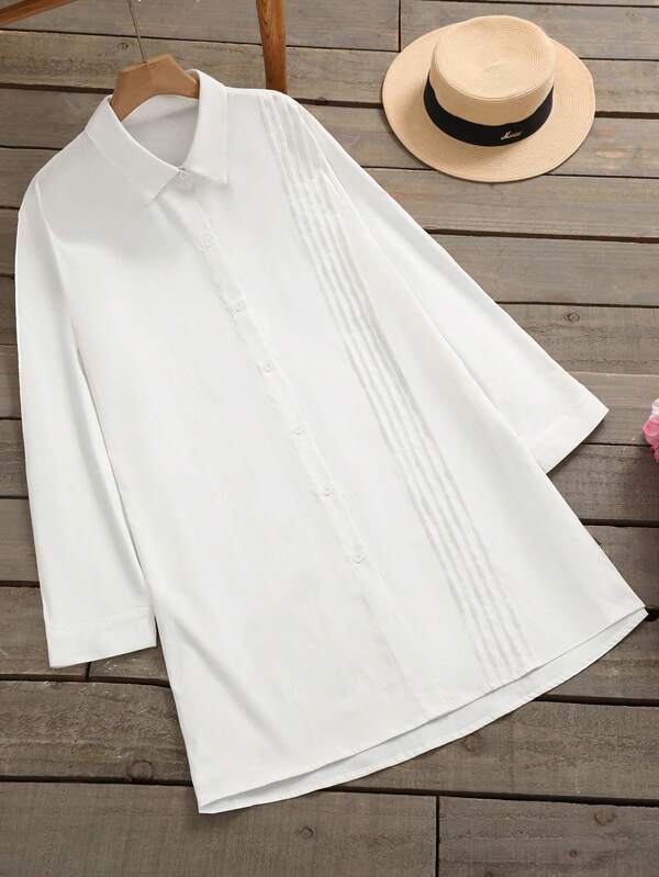 Plus Size Solid Color Button-Down Travel & Casual Shirt, Spring Autumn