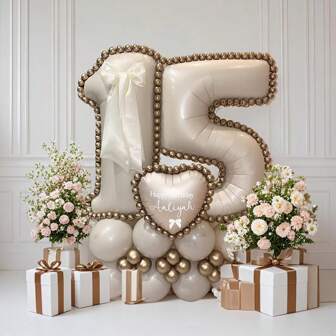 44 件套象牙色数字立柱气球套件，包括 32 英寸（81.28 厘米）象牙色数字铝箔气球、奶油色和金属香槟色圆形乳胶气球，适用于周年纪念、生日装饰、新娘、婚礼、毕业典礼、节日、派对装饰