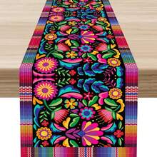 墨西哥亡灵节花卉彩色条纹桌旗梳妆台围巾餐桌装饰可重复使用亡灵节厨房餐桌旗节日派对装饰 - 彩色 - 查看 9