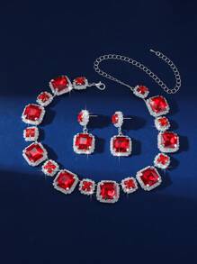 1set Silver Square Necklace Earrings Set, Wedding Jewelry With Red Crystal For Bride