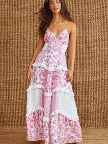 Women's Floral Dress Stylish Lace Patchwork Ruffled Trim Sleeveless Spaghetti Strap V Neck A-Line Long Dress For Summer - 粉色 - 查看 2