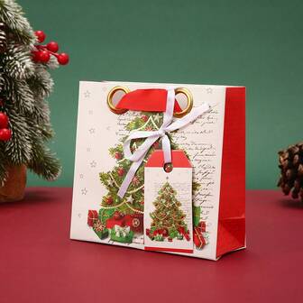 3pcs/Set Christmas Tree Paper Gift Bags With Small Cards & Tags, Gold Foil, Horizontal Bag Style