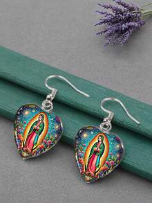 1 对圣母玛利亚印花玻璃和不锈钢耳坠，耶稣圣母心形女款 - 彩色 - 查看 9