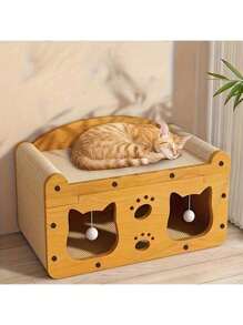 2 en 1 Casa y Rascador para Gatos, 1 Set de Cama de Madera con Rascador para Gatos, Cartón Resistente con Juguetes Colgantes, Cama Multifuncional para Gatos Adecuada para Múltiples Gatos con Zona de Descanso y Zona de Actividad, Estructura Resistente al Rayado, Fácil Montaje, Comodidad para Todas las Estaciones, Regalo Perfecto para Amantes de las Mascotas, Juguetes para Mascotas, Suministros para Mascotas