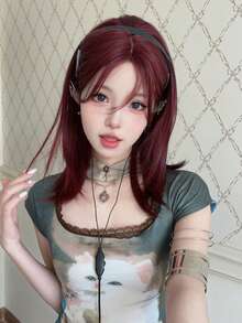 alicegarden 1 Stück hitzeresistente synthetische, gerade Perücke in Rot mit Mittelscheitel und Pony, 20 Zoll lang, aus Fasern hergestellt, geeignet für den täglichen Gebrauch, natürlich und realistisch. (Zubehör nicht enthalten)