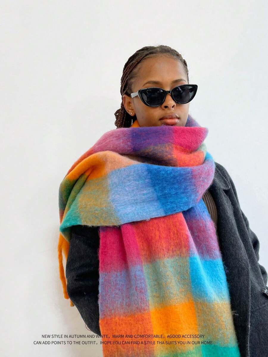 1pc Plus Size Women Winter Solid Plaid Scarf/ Scarf Color Scarf, Soft & Warm Wrap For Autumn And Winter, Warm & Comfortable Large Shawl, Windproof Outdoor, Simple & Versatile Wear Daily, Autumn/Winter Accessories Women Winter Warm Neck, - Multicolor - View 1