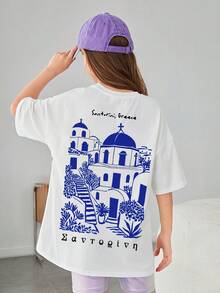 藍白配色，希臘小鎮圖案印花，春夏 男童/女童同款 純棉T卹 羅紋 學院風運動垂感柔軟透氣童裝短袖上衣 - 白色 - 查看 1