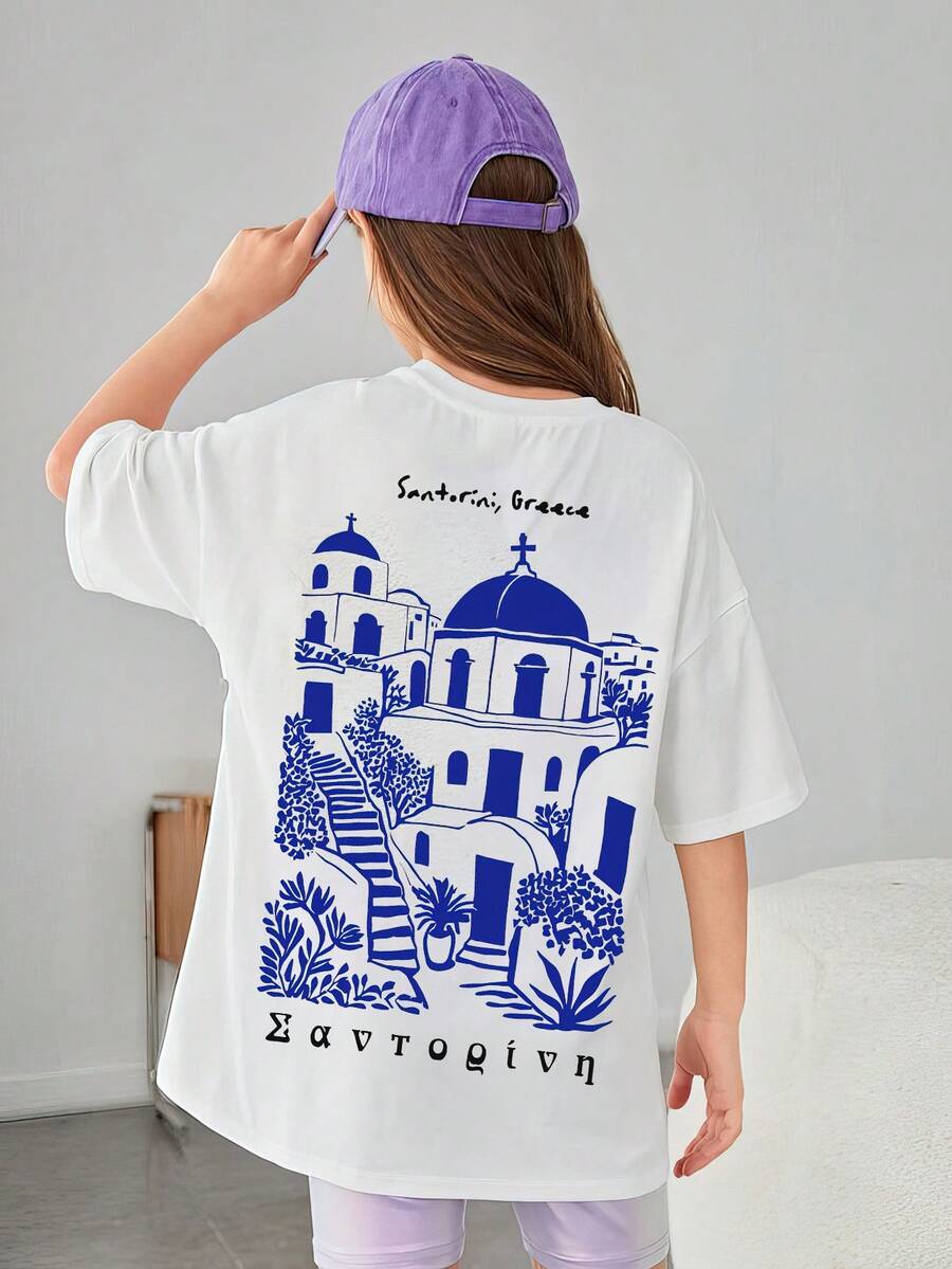 藍白配色，希臘小鎮圖案印花，春夏 男童/女童同款 純棉T卹 羅紋 學院風運動垂感柔軟透氣童裝短袖上衣 - 白色 - 查看 1