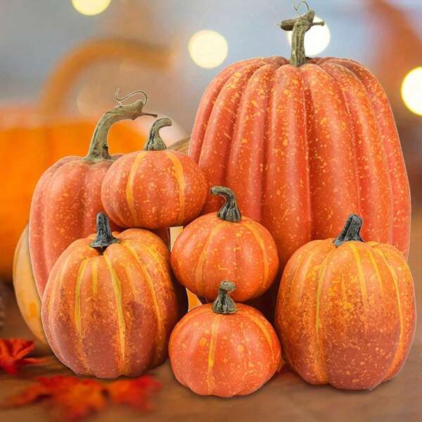Fall Pumpkin Decor | 7 PCS Large Orange Fake Pumpkin Fall Decorations, Artificial Pumpkins Harvest Faux Foam Pumpkins For Fall Autumn Halloween Thanksgiving Decorations Outdoor