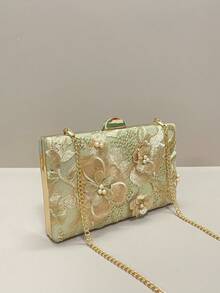 Mini bolsa de noite dourada (padrão aleatório, única), elegante e requintada, com bordado de lantejoulas, bolsa clutch feminina, ideal para festas, casamentos e galas - Ouro - Ver 5