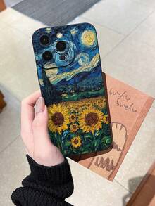 Van Gogh - Style Sunflower Pattern Black Matte Phone Case, Four-Corner Anti-Drop Camera Enhanced Protection, Prevent Wear And Tear, Comfortable Feel, Protective Buttons, Breathable Heat Dissipation, Dustproof, For Men And Women For Phone 11/12/13/14/15/16 Plus Promax Pro Series And For Sumsang Galaxy S22/S23/S24/25 Ultra. - 黑色 - 查看 4