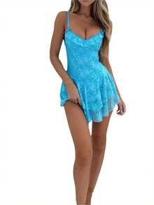 Women Summer Mini Cami Dress Sleeveless Backless Lace Floral Tiered Ruffle Hem Party Dress - Sky Blue - View 4