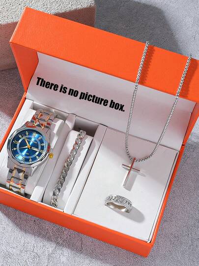 4pcs/Set Trending Steel Band Dual Calendar Quartz Watches + Cross Necklace Ring Bracelet Set For Men, Suitable For Daily Wear, Birthday, Gift For Her, Anniversary, Singles' Day, Halloween Promotion, No Gift Box