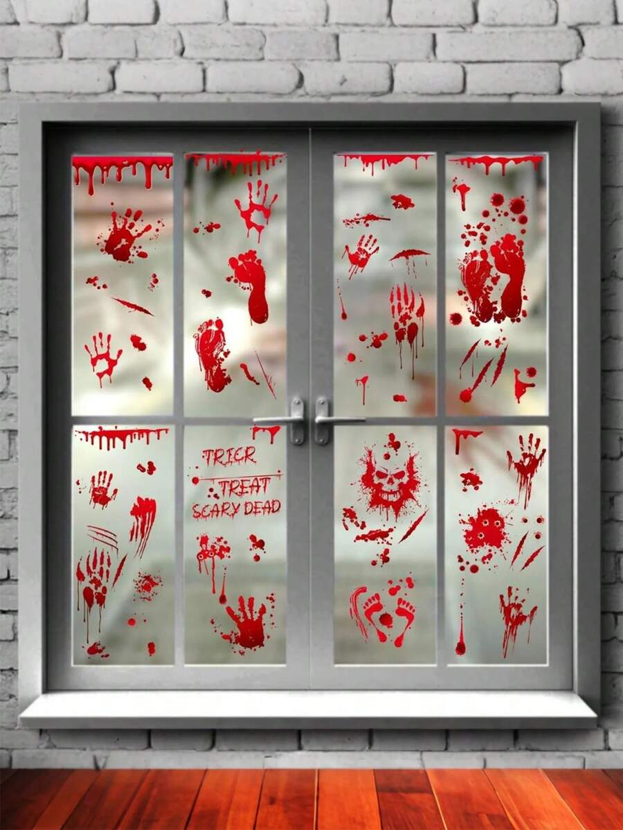 万圣节血手印脚印窗贴花适用于窗户玻璃装饰，恐怖窗户贴纸墙贴装饰适用于室内浴室派对装饰 9 张