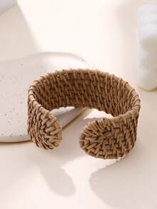 1pc Exaggerated Handmade Rattan Bangle With Stripe Effect, Large & Lightweight, Versatile Design Suitable For Women Holiday, Party And Daily Wear - Khaki - View 3