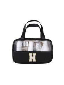 1 pièce Sac cosmétique transparent en PVC, organiseur de lettres de A à Z, trousse de maquillage de voyage, sac de toilette étanche pour la salle de bain, articles de voyage essentiels, convient pour le liner pour les yeux, le brillant à lèvres, les soins de la peau, la brosse à dents, la tasse, le savon, le shampoing, le peigne, cadeau pour la mère, l'amant, l'ami, la meilleure amie, cadeau de vacances - Noir - Voir 22