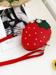 New Spring/Summer Cute Red Strawberry Shaped Crossbody Bag, PU Material Zipper Closure Crossbody Pouch, Fashion Fruit Design With Small Daisy Flower Decor - Multicolor - View 10