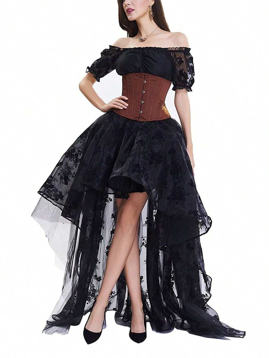 Women Irregular Ruffle Hem Skirt, Floral Embroidery Elastic Waist Tulle Skirt for Summer - Negro - Ver 1