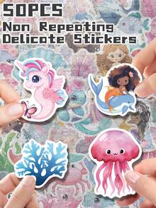 50 件卡通可爱主题贴纸不重复精致装饰，适合返校季礼物、万圣节节日礼物、派对装饰、家居装饰、生日礼物、行李箱、滑板车、手账、水瓶、杯子、笔记本电脑、平板电脑、手机壳 - 彩色 - 查看 7