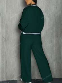 Jaqueta de beisebol feminina, roupa esportiva de cor sólida, roupa esportiva com bolso, conjunto de 2 peças para acampamento ao ar livre, moletom com capuz e cordão, roupa esportiva