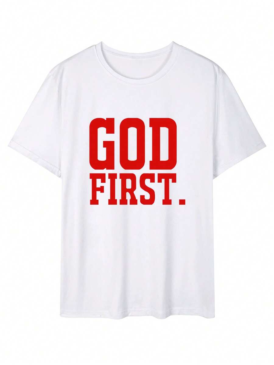 男士夏季口号印花圆领短袖休闲 T 恤 - 白色 - 查看 1