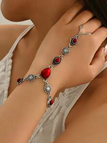 1pc Women's Vintage Bracelet, Summer Boho Metal Zinc Alloy Geometric Water Drop & Oval Cracked Faux Turquoise Flower Mix Design Knuckle Full Finger Ring Chain, Versatile Accessory For Daily, Holiday And Gift - Red - View 2