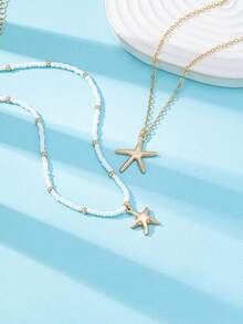 2 件夏季海洋风格海星吊坠项链套装，波西米亚种子串珠项链配海星饰物，女士多层项链首饰适合日常佩戴、度假、海滩派对。 - 彩色 - 查看 2