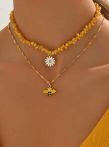 2 Stücke/Set Sommer Urlaubsstil gelbe natürliche Seemuschel handgemachte Perlenkette mit Gänseblümchen Blumen Metall Bienen Anhänger Kette, geeignet für Alltag, Party, Musikfestival und Strandmode