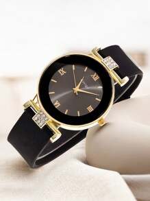 1 Reloj de cuarzo de mujer redondo y a la moda con esfera digital redonda versátil, perfecto para uso diario, cenas y otras ocasiones para decorar la muñeca.