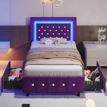 Twin/ Full/ Queen Bed Frame With Drawers, Upholstered Bed Frame With LED Lights, Modern Platform Bed Frame With Headboard And Footboard, Diamond Tufted Design, No Box Spring Needed, White/ Pink/ Black/ Purple/ Yellow (Twin Size 2 Drawers/ Other Size 4 Drawers) * Bed Frame Queen Bed Frame Bed Queen Bed Frame King Bed Frame Bedroom Furniture Bed Frame Full Full Size Bed Frame Twin Bed Frame Beds Cozy Bedroom Home Bedroom Refresh Room Decor Home Decor Christmas Decor Bedroom Decor Valentine Day Decor Storage Living Room Decor Furniture House Decor Halloween Decorations  ( USB LED Strip) - 紫色 - 查看 15