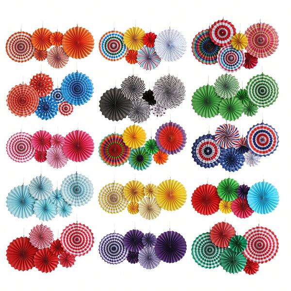 6pcs/Set Decorative Wedding DIY Wheel Tissue Paper Hanging Fans Flowers Craft For Birthday Party Wedding Decoration Party Hanging Paper Fans Set, Red Round Pattern Paper Garlands Decoration For Birthday Wedding Graduation Events Accessories, Set Of 6