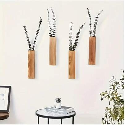 1 pieza/2 piezas Jarrón de pared de madera montado para decoración con flores secas, adecuado para dormitorio y sala de estar - Estilo granja moderna, estantería colgante de pared de 4 niveles para flores secas, macetero de madera para decoración del hogar