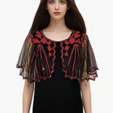 1pc 1920s Elegant Vintage Sequin Shawl, Beaded Embroidered Lace Trim Versatile Capelet Shawl, Breathable Women Party Dress Accessory Shawl/Bolero, Fashion Party Evening Gown Accessory