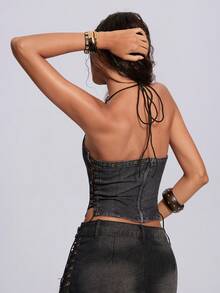 ROMWE Women's Sexy Cross Back Straps Backless Halter Denim Jacket, Summer - Black - View 2