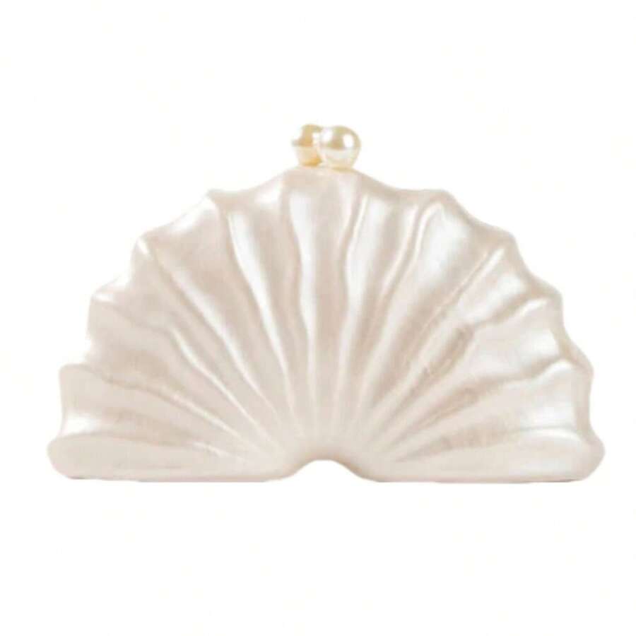 Women Acrylic Shell Shaped Clutch Marble Acrylic Evening Handbag Wedding Party Purses Unique Chain Shoulder Bag - Pearl White - 查看 1