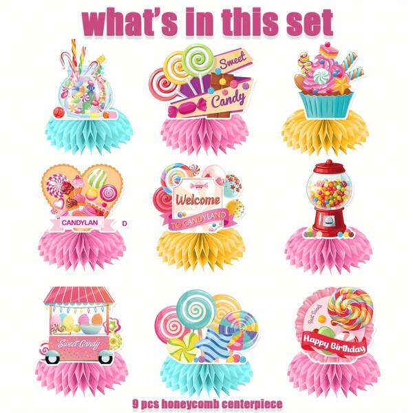 9 Pcs Candy Decorations - Colorful Honeycomb Centerpieces And Birthday Party Supplies - Create A Festive, Candy Store Atmosphere, Perfect For Unisex Celebrations And Gifts