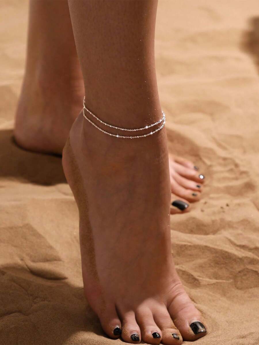 1pc Minimalist Chic Design Double Layer Silver Chain Anklet, Versatile For Beach, Vacation, Daily, Any Occasion, Women Gift