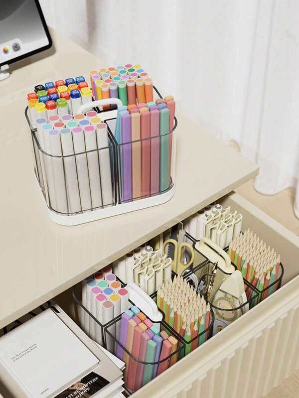 1 pièce Boîte de rangement de bureau modulaire transparente à 4 compartiments avec poignée, pour la rentrée scolaire et l'organisation de la maison
