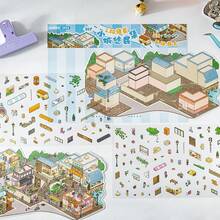 2.5D 大型风景贴纸，小镇系列，手工 DIY 3D 迷你房屋场景装饰贴纸，2 张宠物贴纸 + 1 张场景纸板，适用于学校用品，返校 - 彩色 - 查看 5