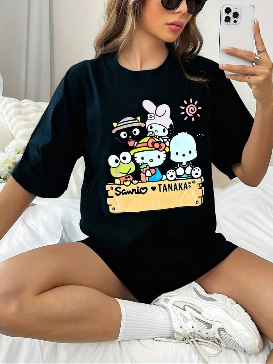 Sanrio Sanrio Hellokitty Family Portrait Big Print Cartoon T-Shirt Ladies' Home Clothes Top White Loose Short Sleeve Summer Joker Couples' Home Clothes Pajamas