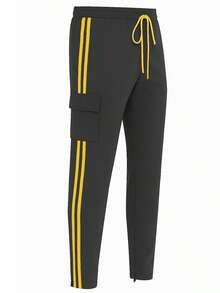 Mens Black And Yellow Side Stripe Cargo Track Pants Elastic Waist With Drawstring Ankle Zipper Streetwear ACtivewear Gym And Fitness Casual Pants  Regular Fit    Weekend Casual  Night Out  Sports  Daily - 黑色 黃色 - 查看 2